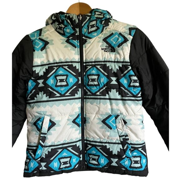 The North Face Kids Hooded Puffer Jacket Aztec Pattern Black & Blue Reversible - Picture 1 of 9